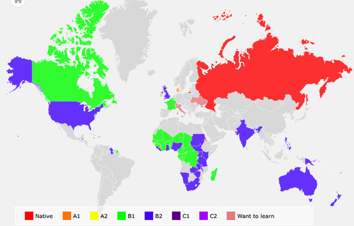 Пример языковой карты, в которую вошли 78 стран